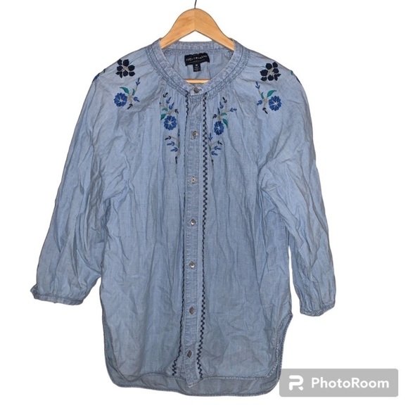 Lucky Brand size medium embroidered peasant shirt button down chambray floral - Picture 1 of 12